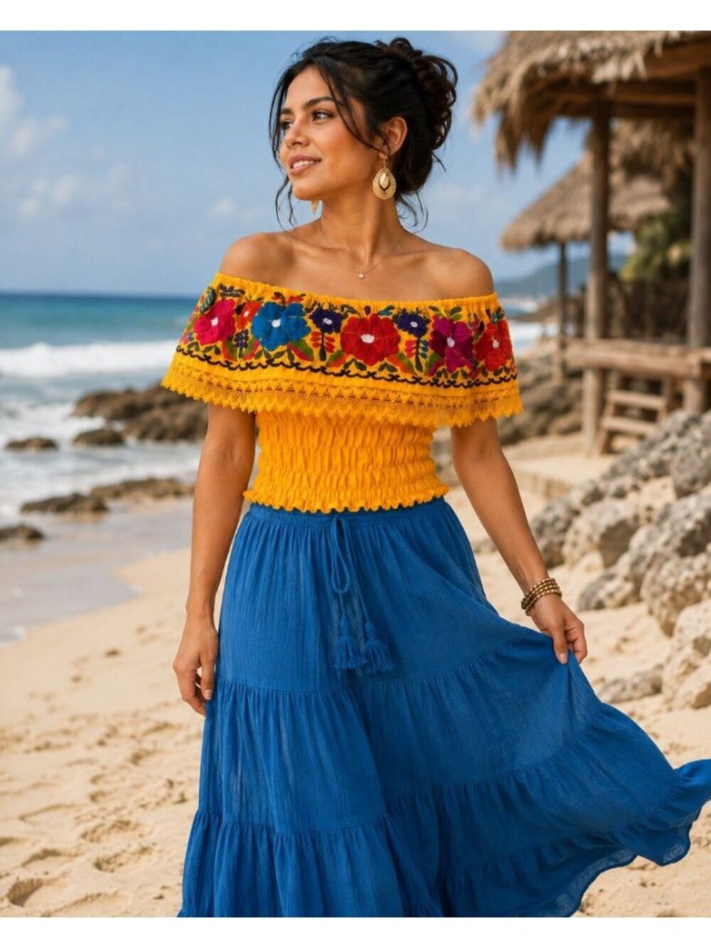 Authentic Made in Mexico Embroidered Peasant Top OS Off The Shoulder Boho Beach